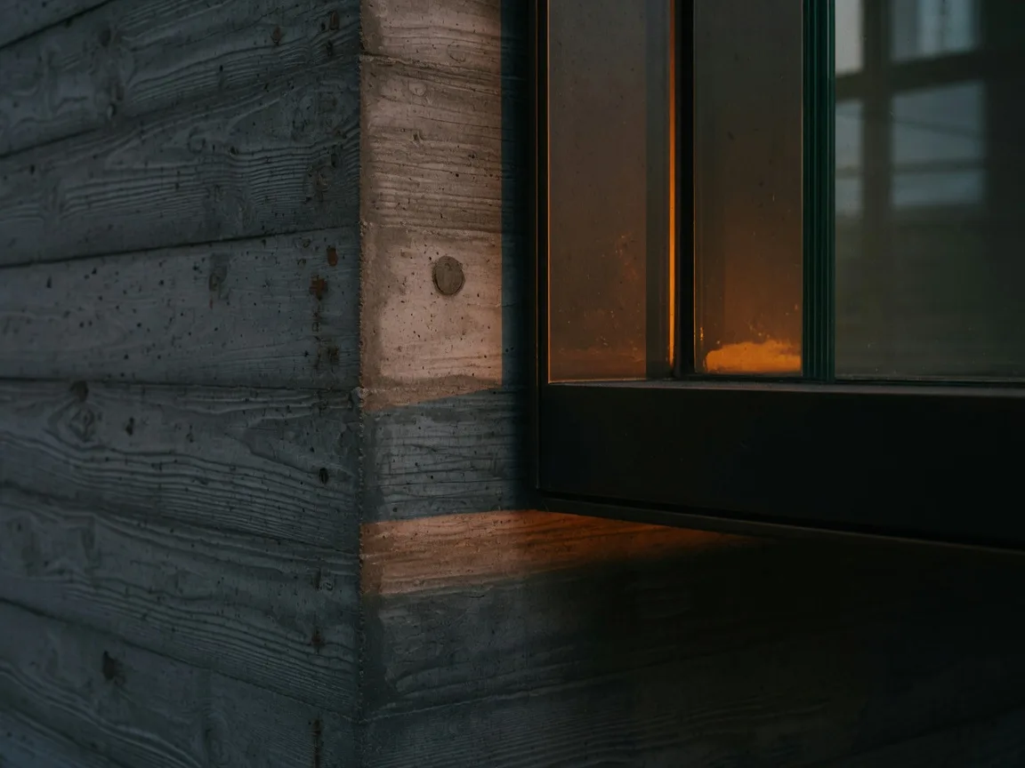 Close-up architectural detail of concrete, bronze trim, and glass in raking dusk light