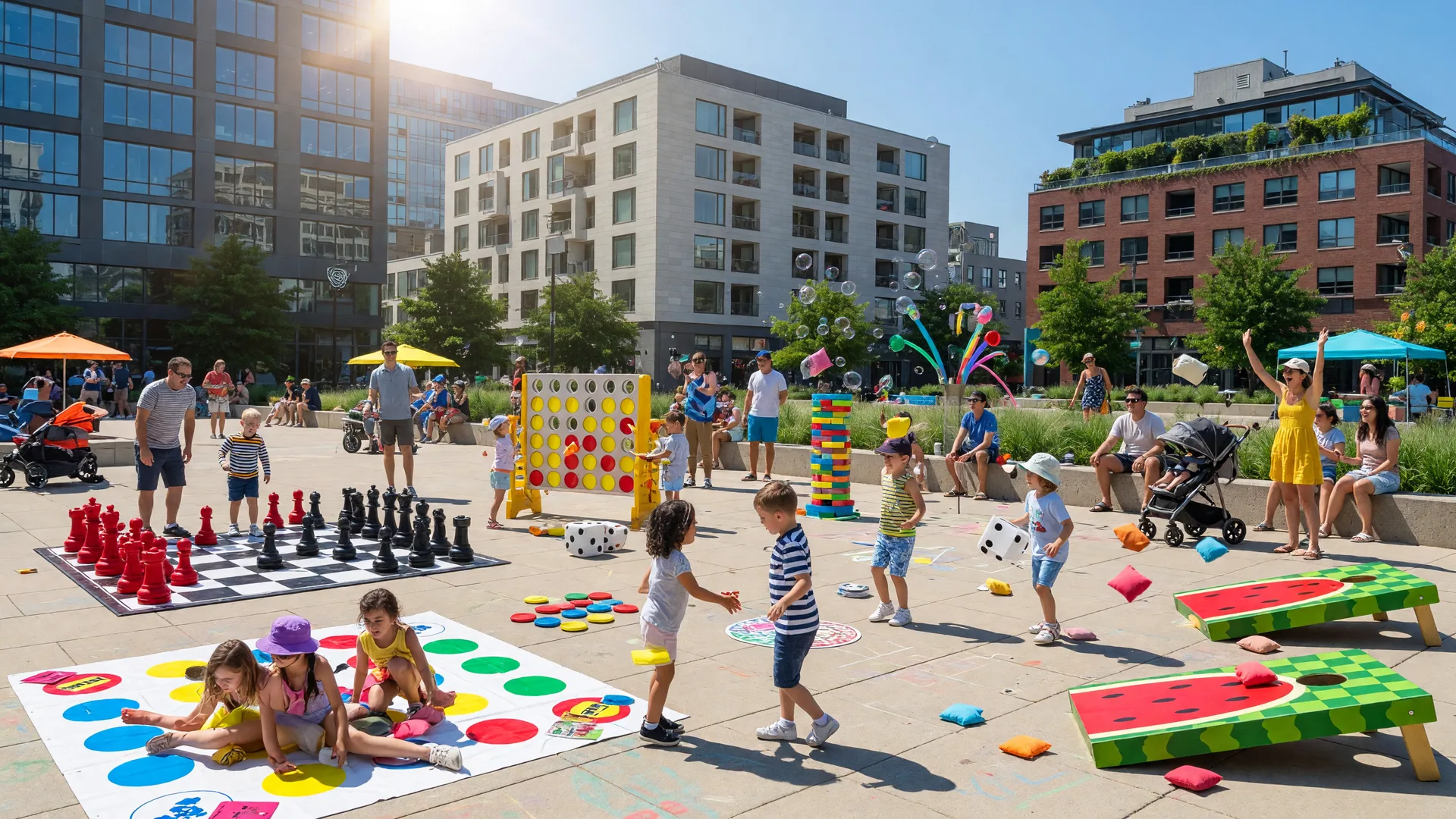 Families gathered around giant board games on a sunny urban plaza