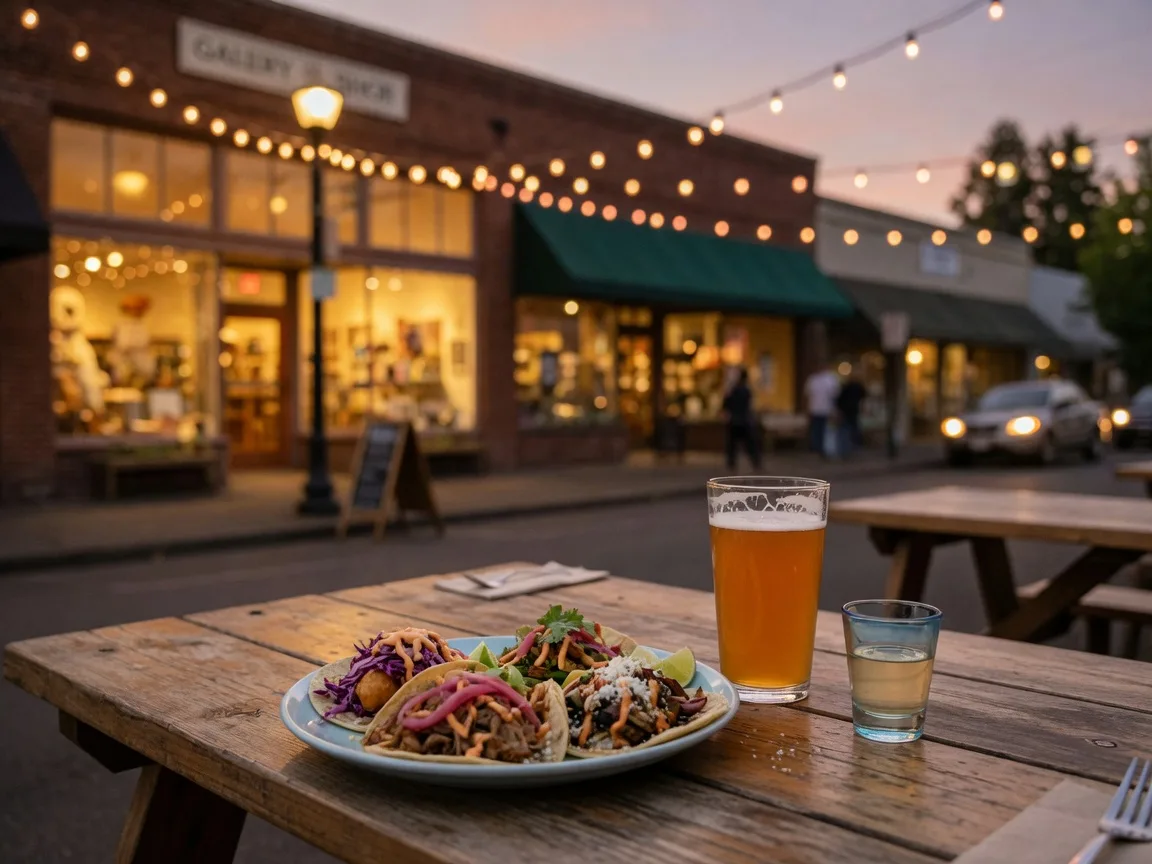A table on a Forest Grove Main Street patio with tacos, a craft beer, and a sake glass, string lights overhead