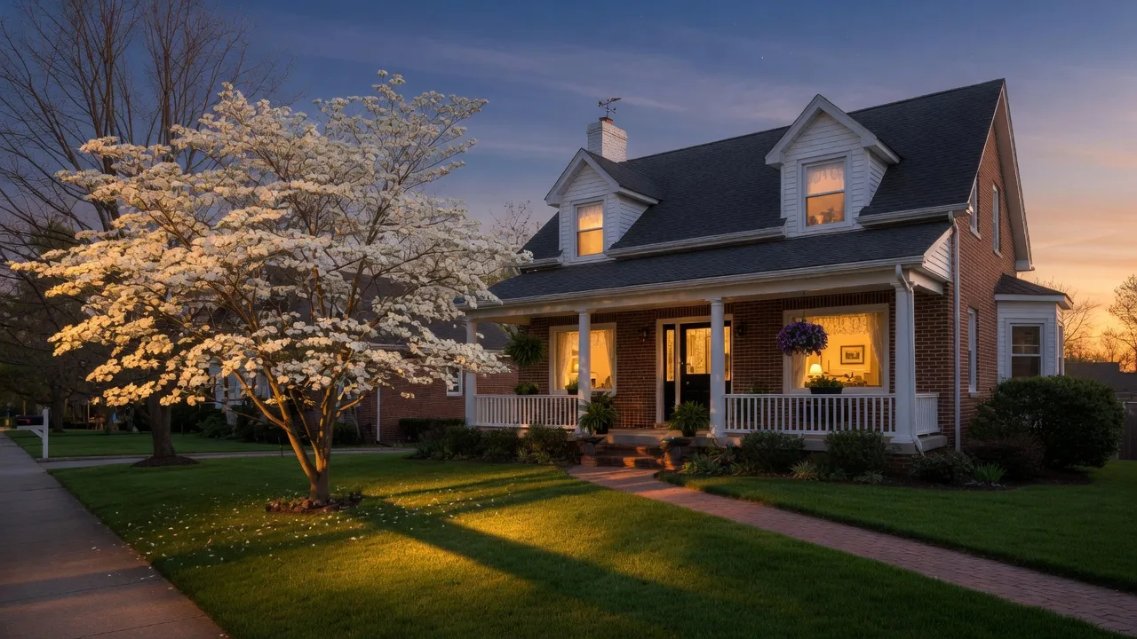 A classic Kentucky home with a welcoming front porch bathed in golden-hour light