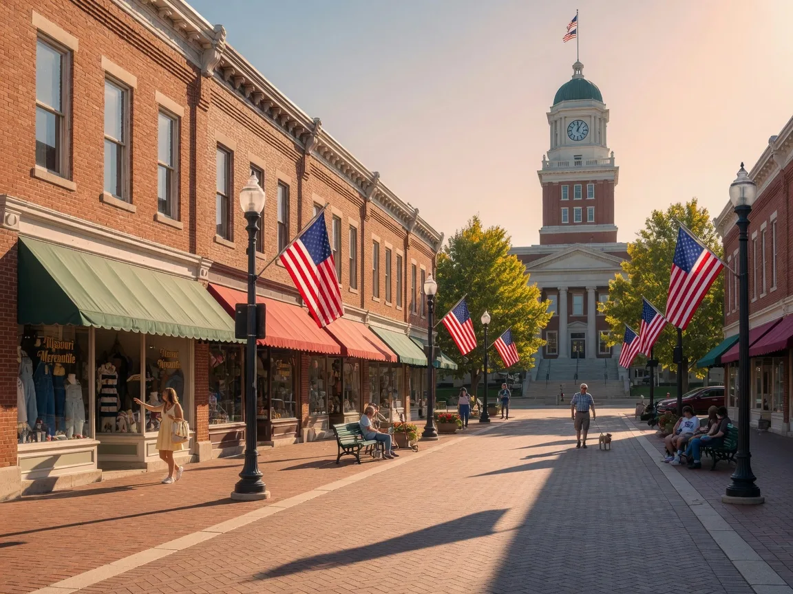 The historic Independence square with the Truman Courthouse and classic storefronts on a sunny day