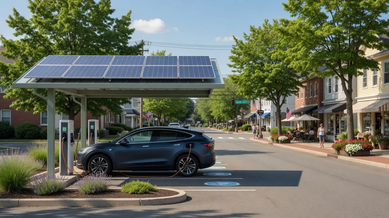 Modern electric vehicle charging station in a sunny suburban New Jersey town center with a plugged-in EV