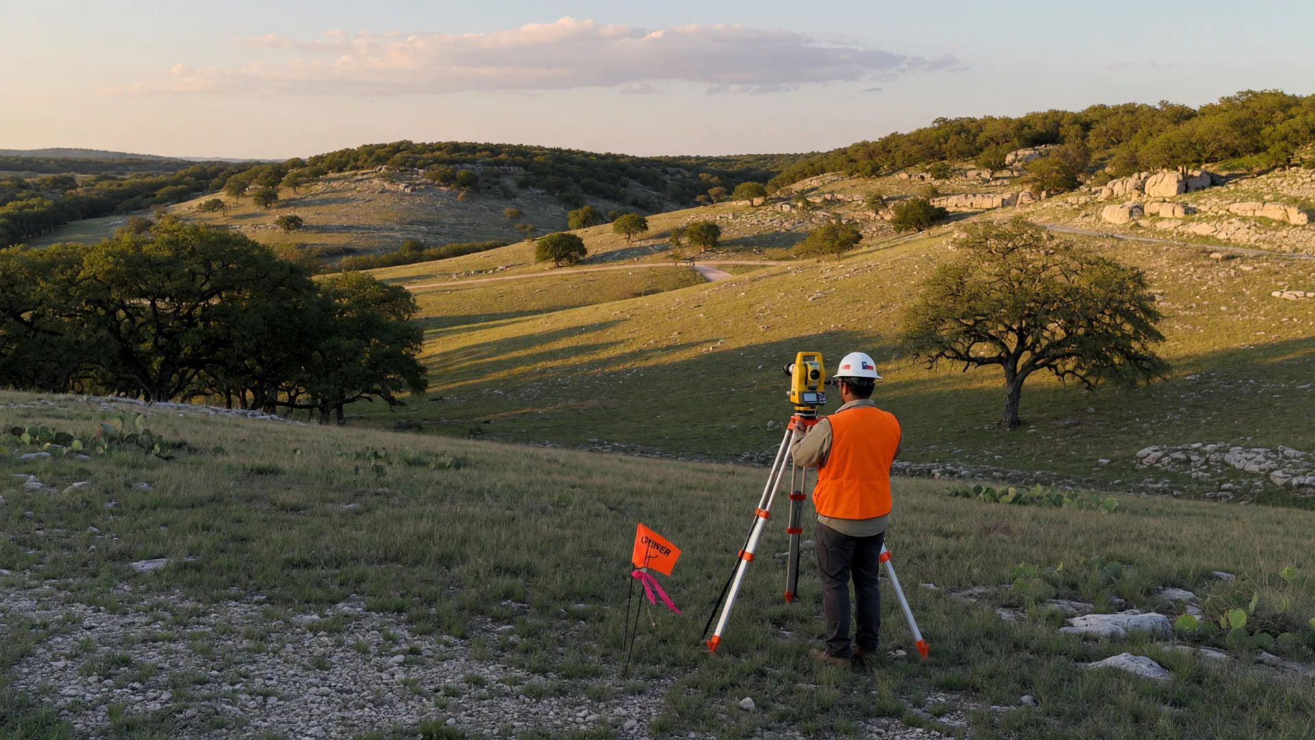 Professional land surveyor setting up a total station at a Hill Country property corner at golden hour