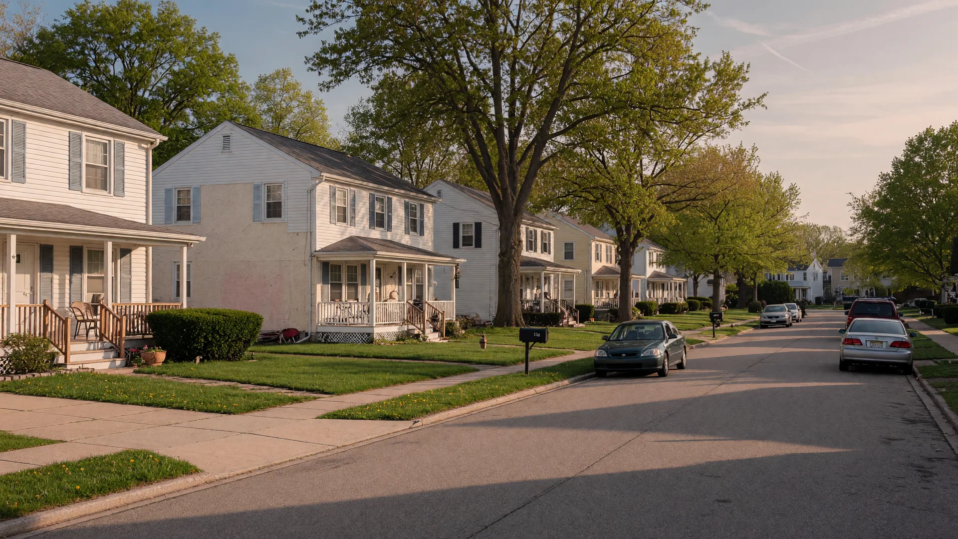 A quiet tree-lined residential street in Roselle, New Jersey with Cape Cod style homes