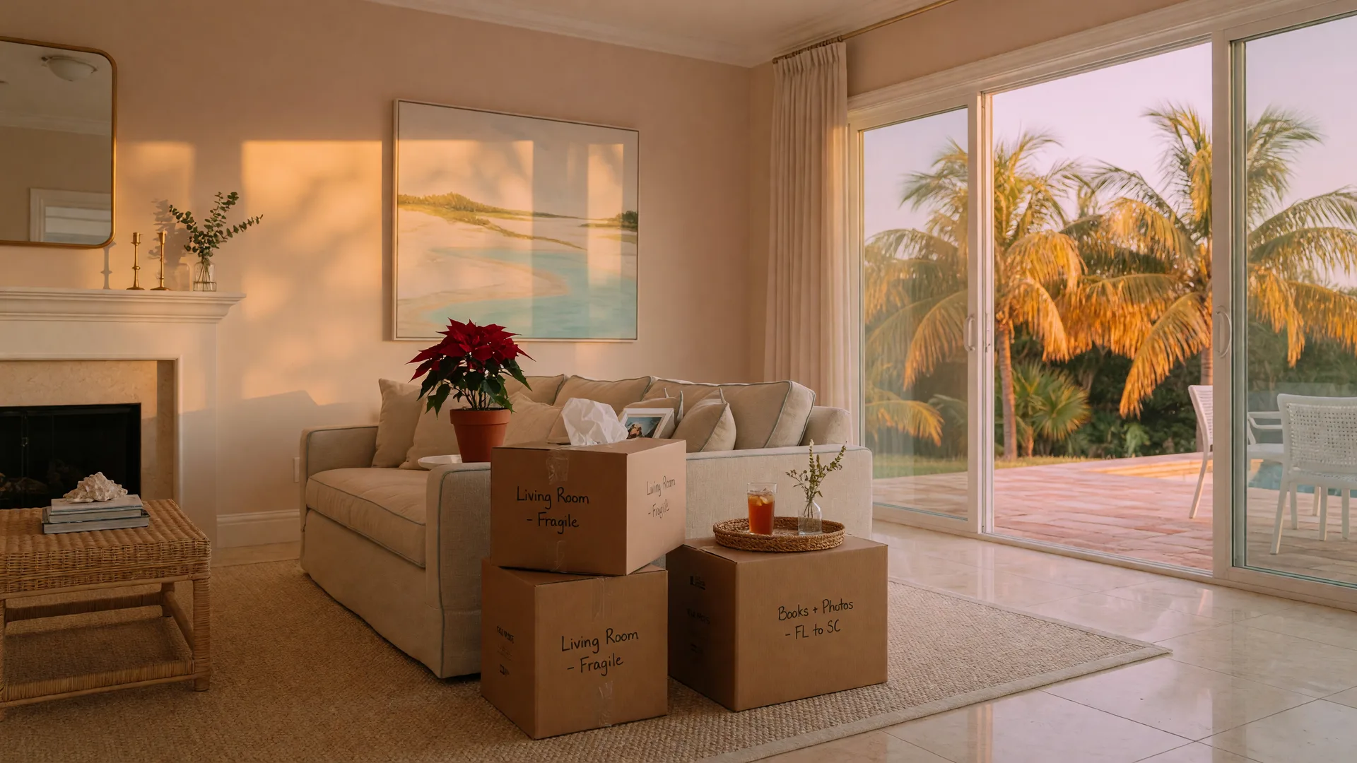 A bright, elegant Florida villa living room in late autumn, warm low sunlight streaming through sliding glass doors onto a palm-lined lanai, a few tidy moving boxes beside a linen sofa, and a potted poinsettia on the mantel