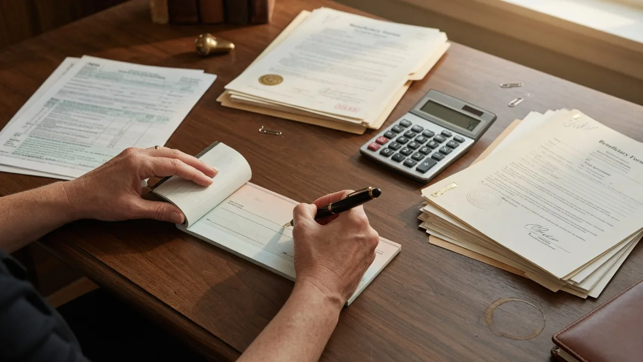 An executor writing a check at a desk with estate documents and a calculator
