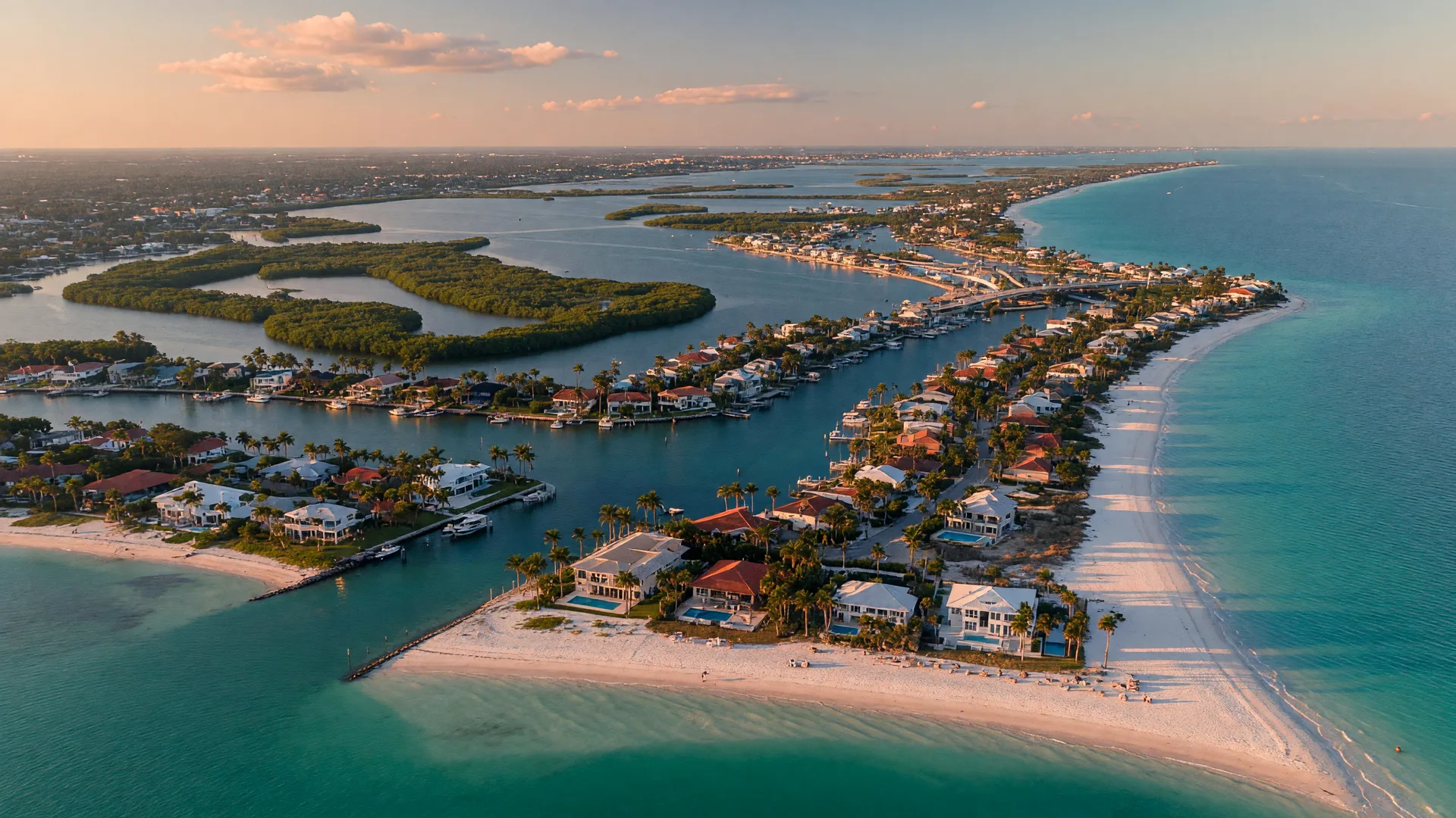 Aerial view of the Southwest Florida Gulf coast at golden hour, with barrier islands, white-sand beaches, and waterfront homes between Naples and Fort Myers
