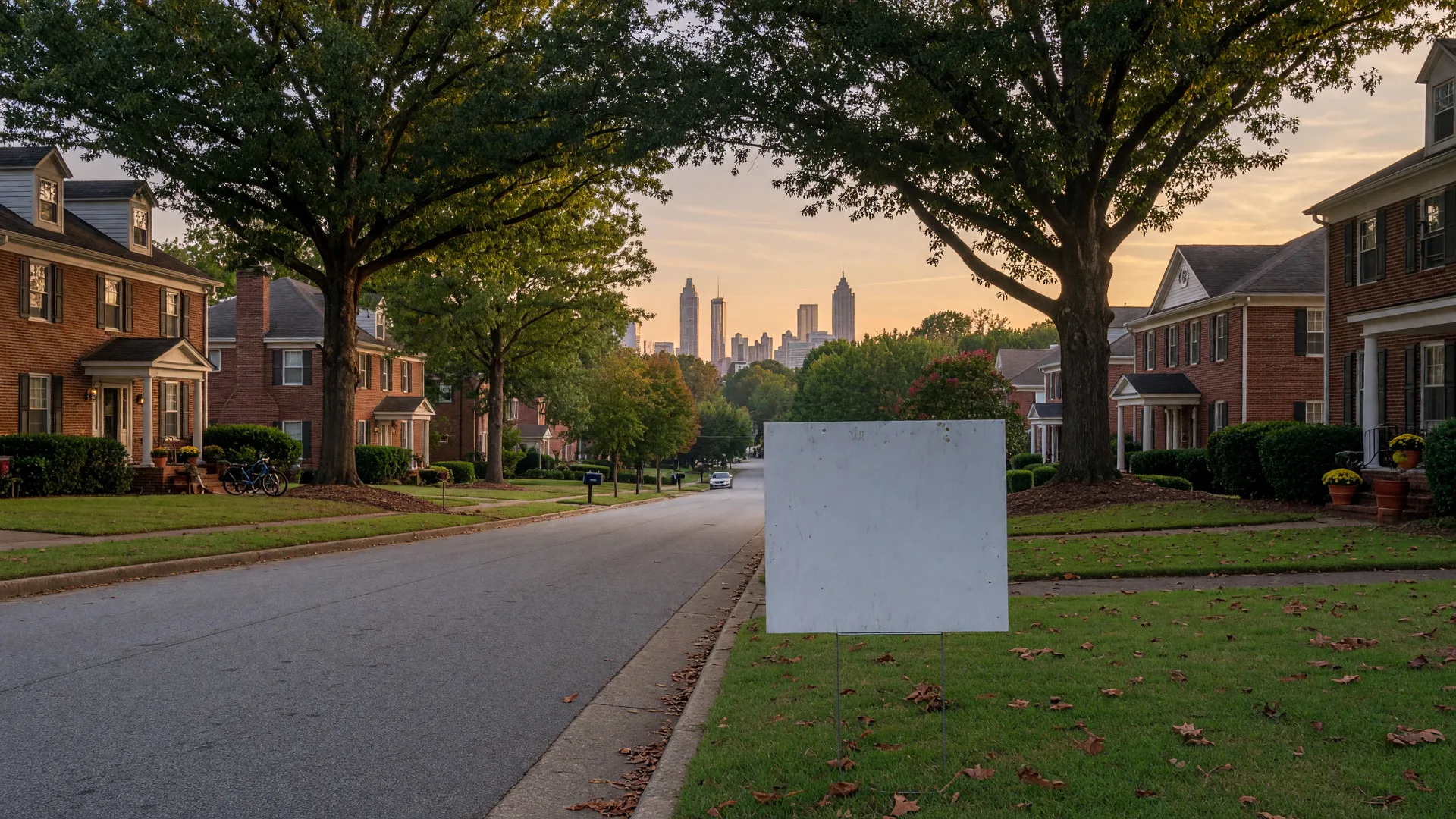A quiet Metro Atlanta suburban street at golden hour with brick and craftsman homes under mature oak trees and the distant skyline, representing the market a referred client is moving into