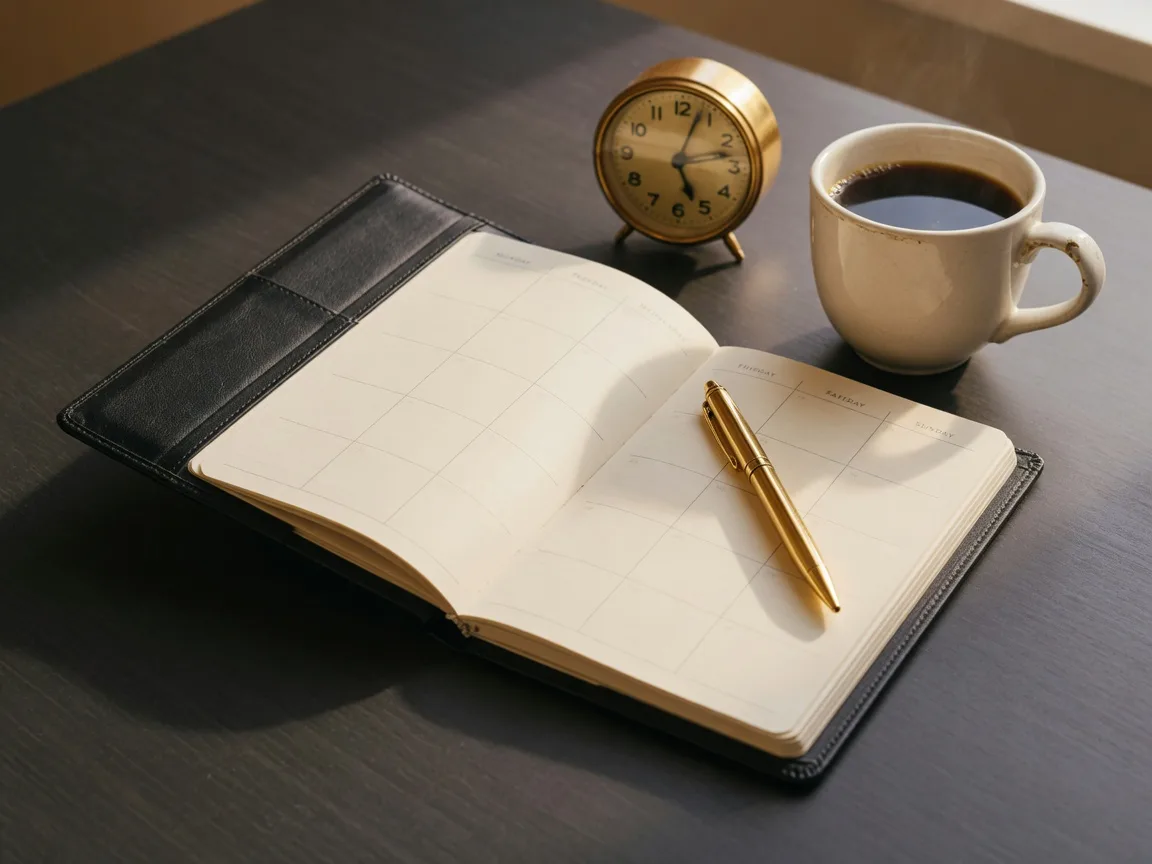 An open daily planner with a gold pen, coffee, and a brass clock on a charcoal desk, the quiet tools of a disciplined day