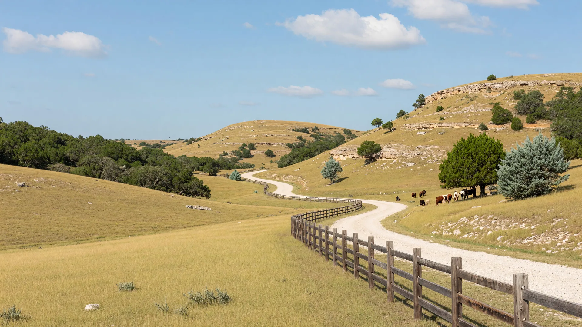 Golden limestone hills with a ranch road and grazing cattle in the Texas Hill Country