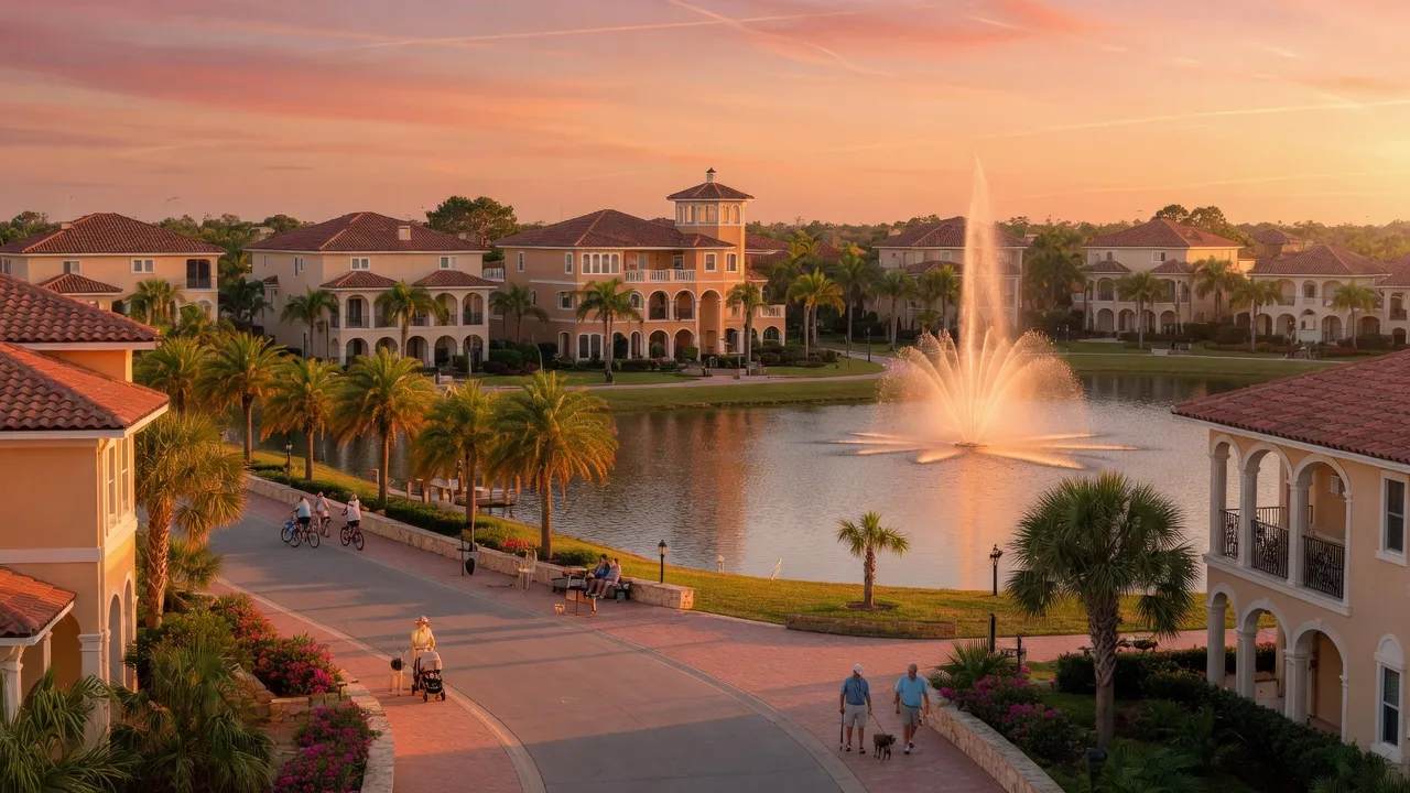 Wellen Park in Venice, Florida at golden hour — a master-planned community with Mediterranean-style homes around a central lake with fountain and palm trees