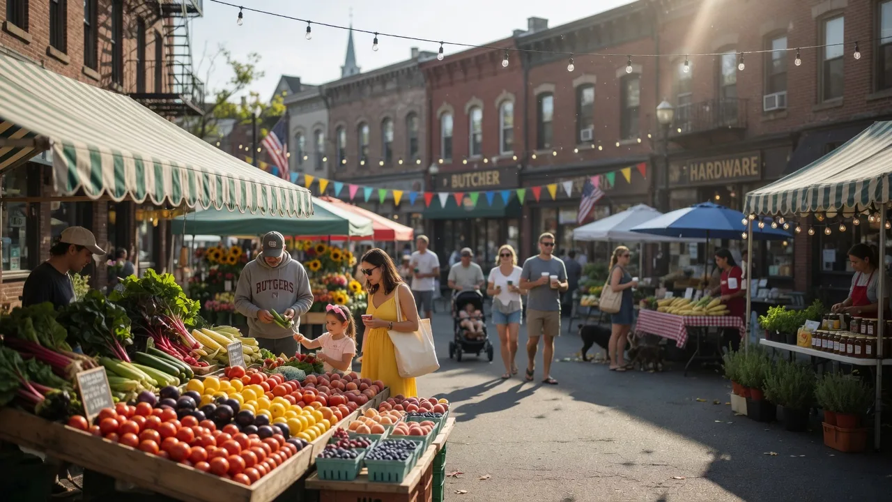 Local farmers market with colorful produce and community atmosphere