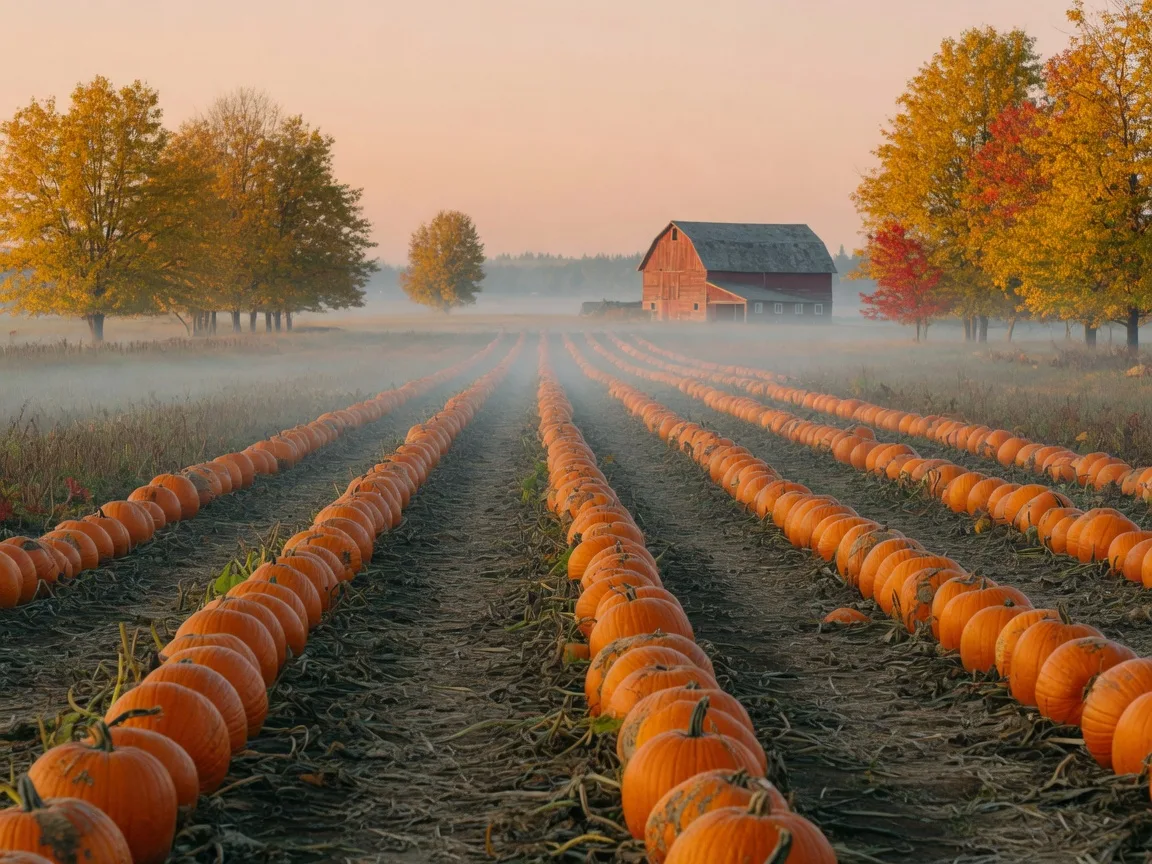 Rows of pumpkins at a Lane County farm in early fall