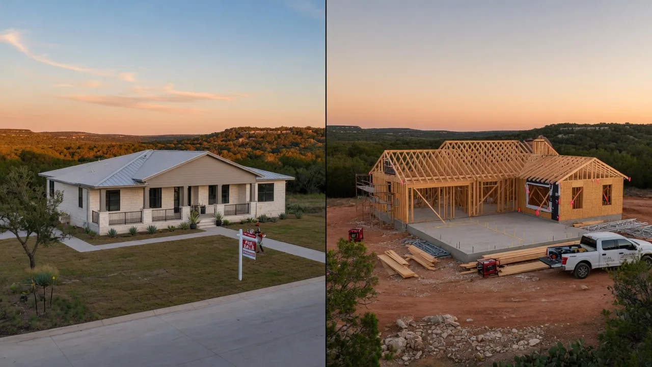 Split view comparing a completed builder inventory home for sale alongside a custom home under construction in the Texas Hill Country