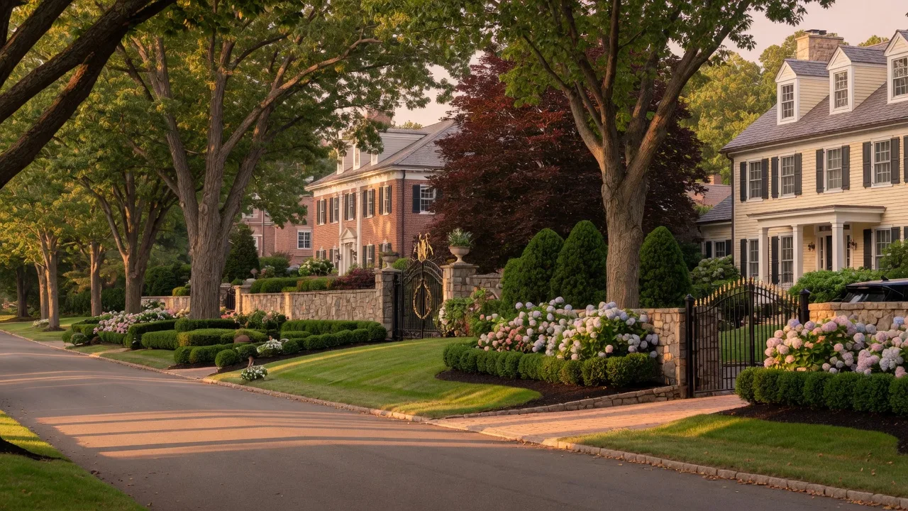 Upscale residential street in one of Burlington County's premier communities, with large colonial and estate homes, stone walls, and manicured landscaping bathed in warm golden-hour light