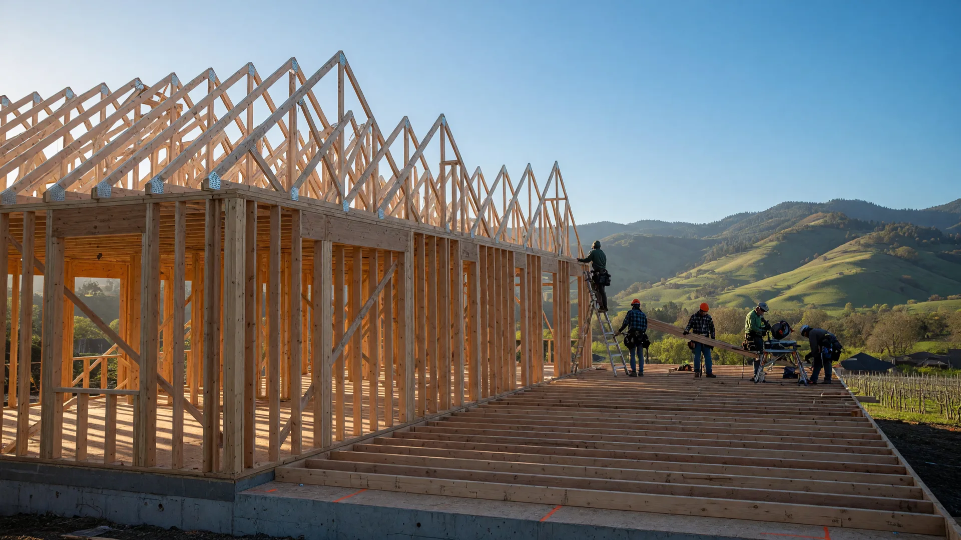 Framed new construction home under a bright blue sky with Rogue Valley hills in the distance, Southern Oregon