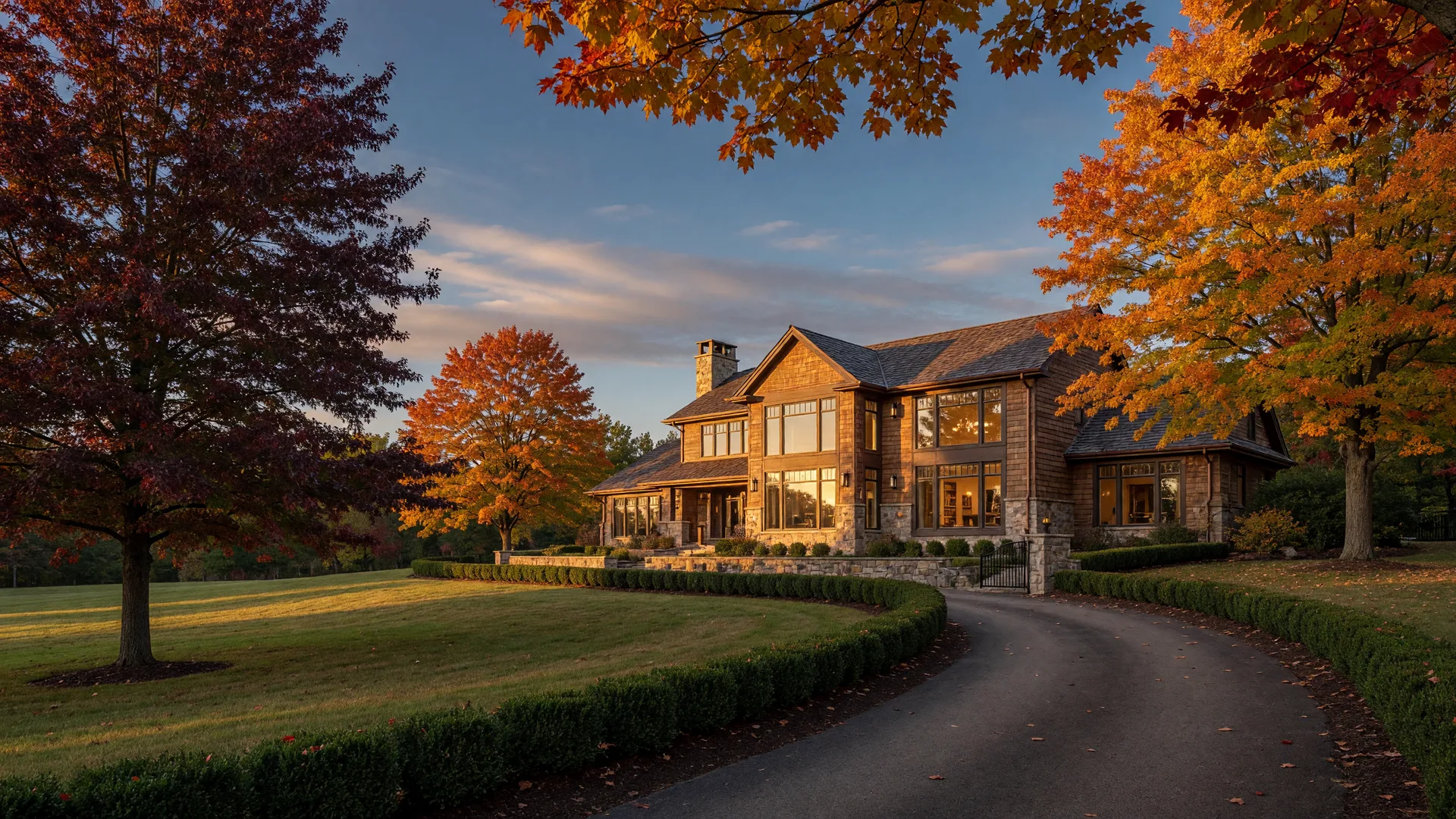 A luxury estate home on private acreage in Mid-Michigan at golden hour with stone and cedar siding, glowing windows, and autumn trees framing the lawn