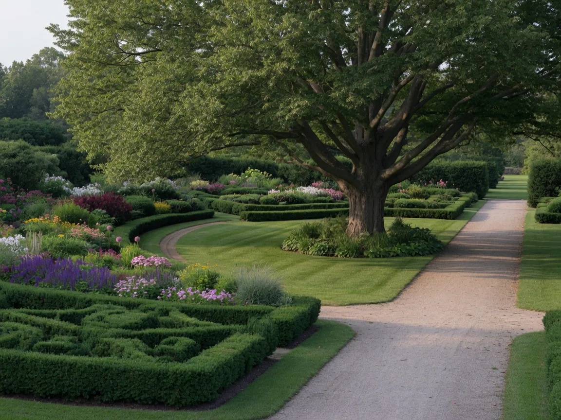 Formal Main Line arboretum garden with manicured beds and shade trees