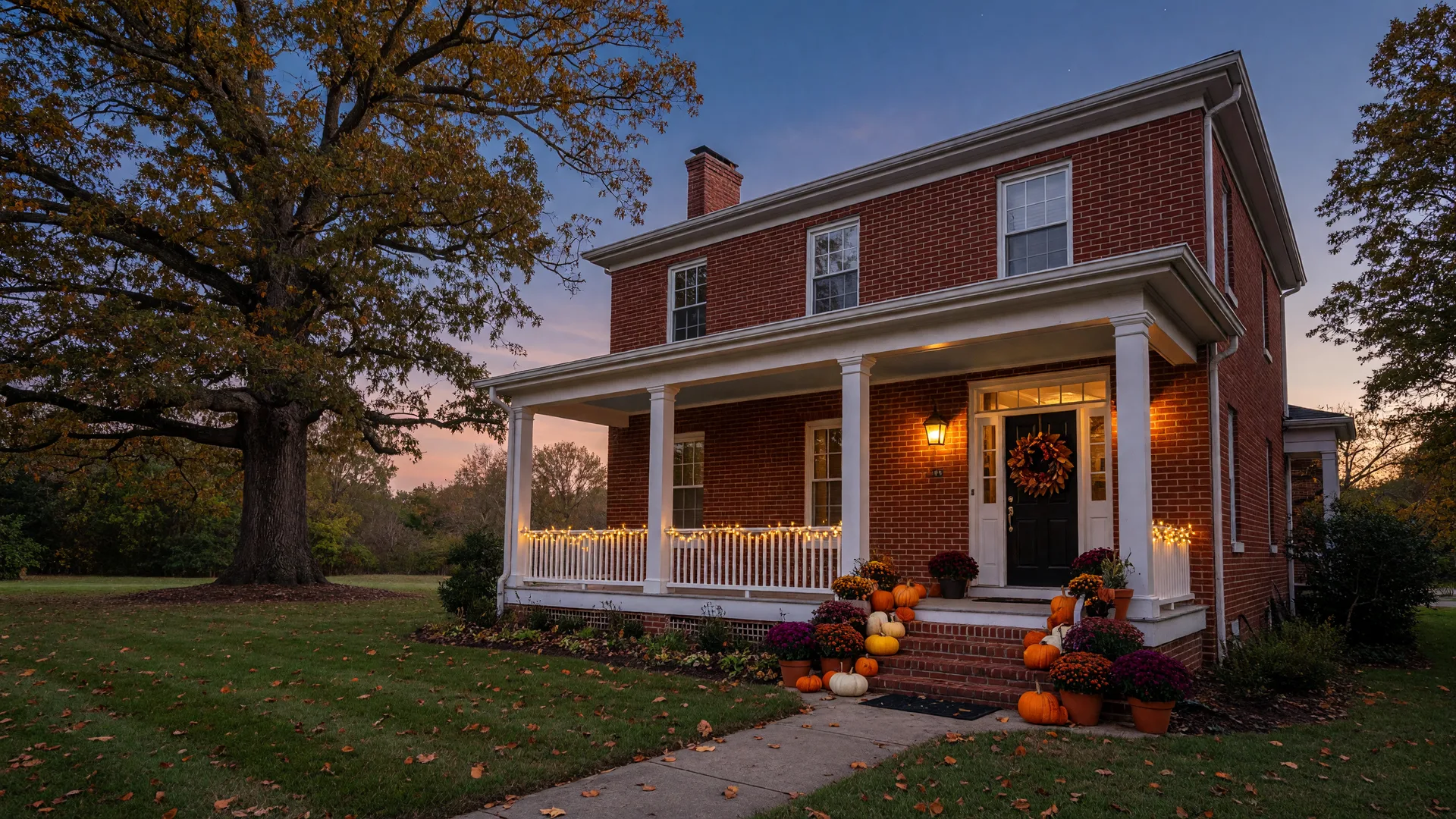 Southern brick home with a covered porch, warm holiday lights, and tasteful fall decor on a crisp evening, illustrating a holiday-season listing in the CSRA