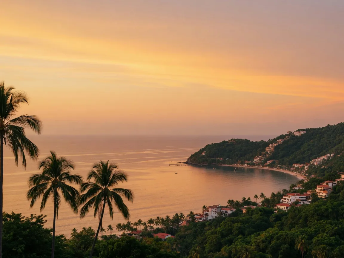 Golden-hour view of the Puerto Vallarta bay with jungle hills rolling down to calm water