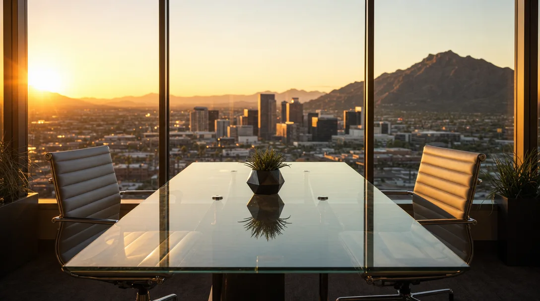 Glass meeting table overlooking Phoenix skyline at golden hour