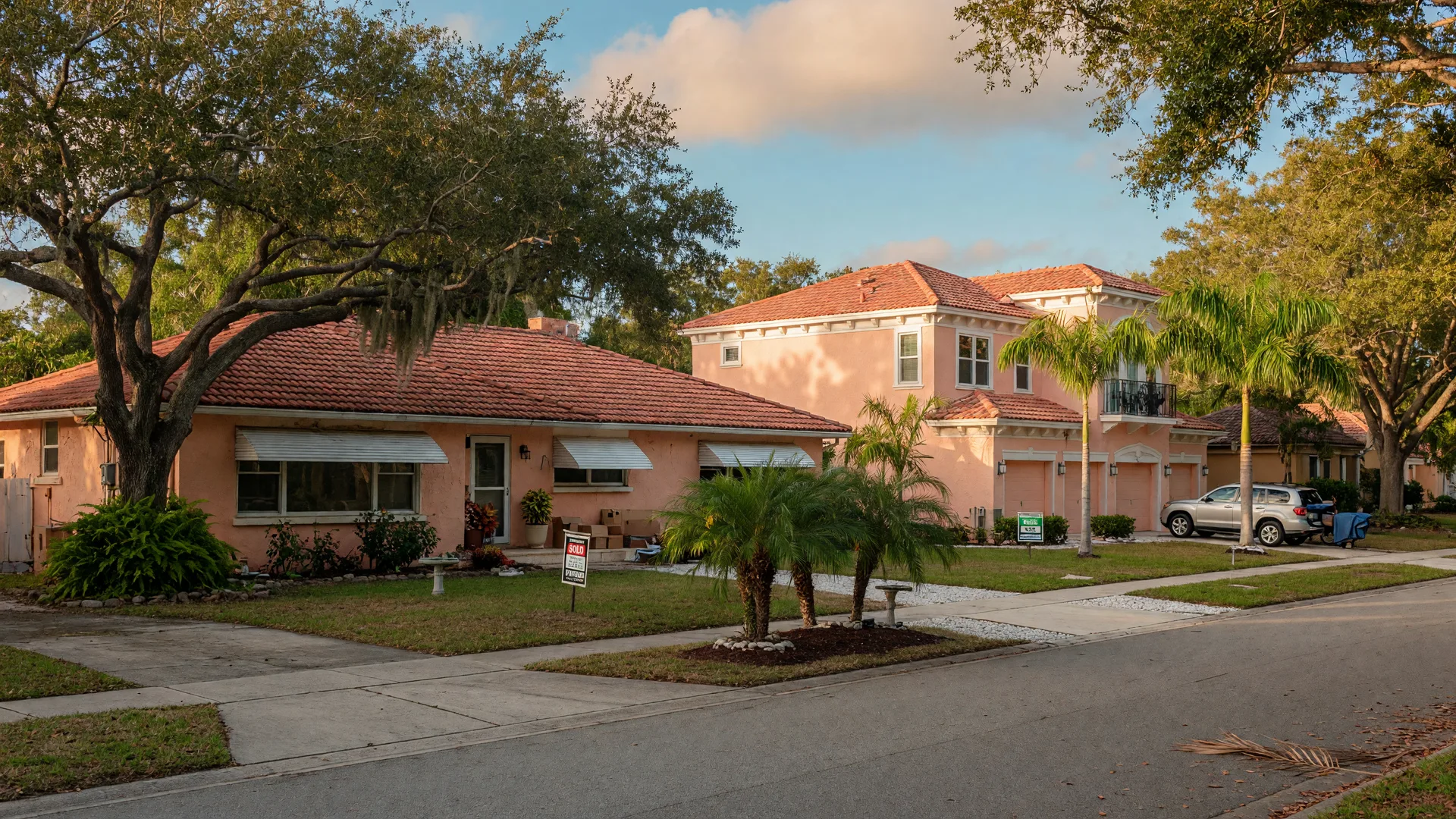 Two Florida homes on the same tree-lined street at golden hour, a ranch house in the foreground and a newer two-story stucco home farther down