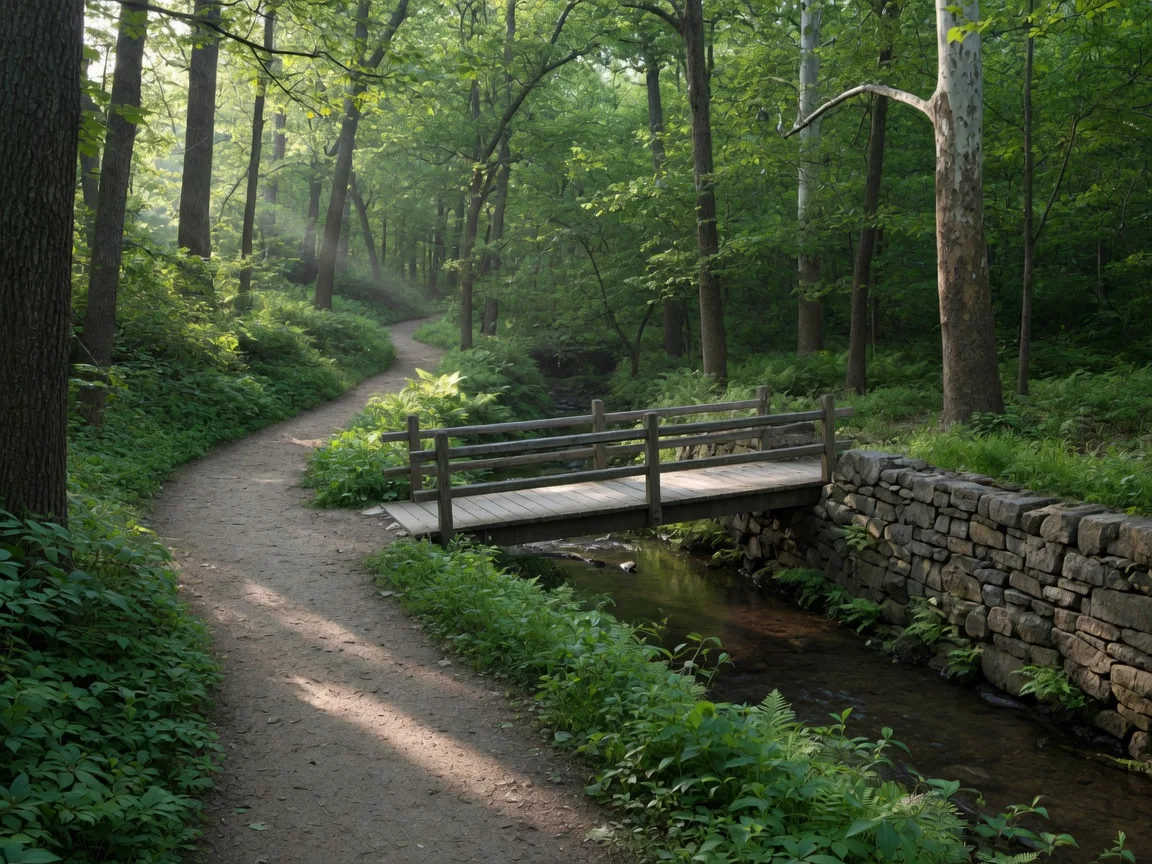 A winding woodland trail beside Rock Creek near Chevy Chase in soft morning light