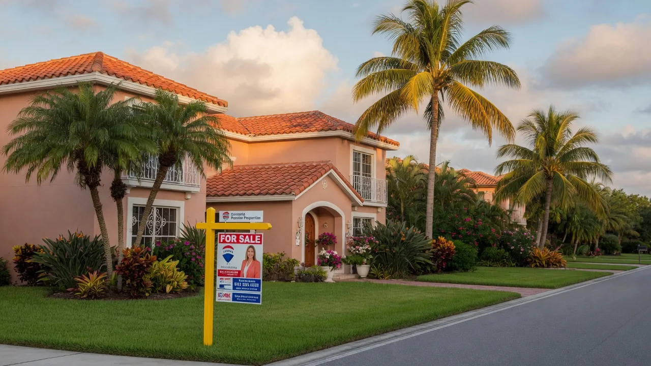 A single-family home in a Sarasota coastal neighborhood with a For Sale sign, terracotta roof, and tropical landscaping on a bright summer morning