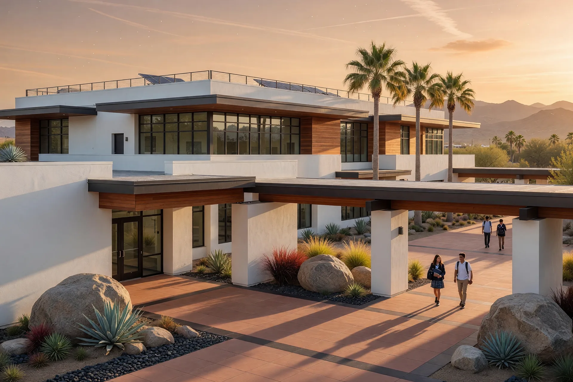 Upscale modern school campus exterior with white stucco and glass
