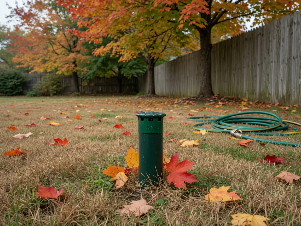 Green pop-up sprinkler head rising from a dormant autumn Cherry Hill lawn with red and orange maple leaves scattered around and a coiled garden hose beside a wooden fence