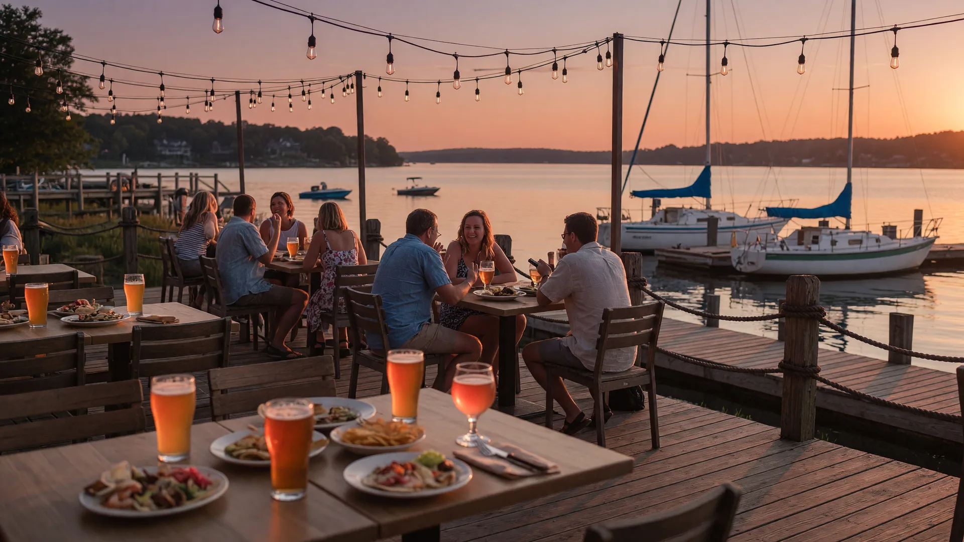 Lakeside brewery patio with string lights and a marina in the background on a summer evening in Lake Norman
