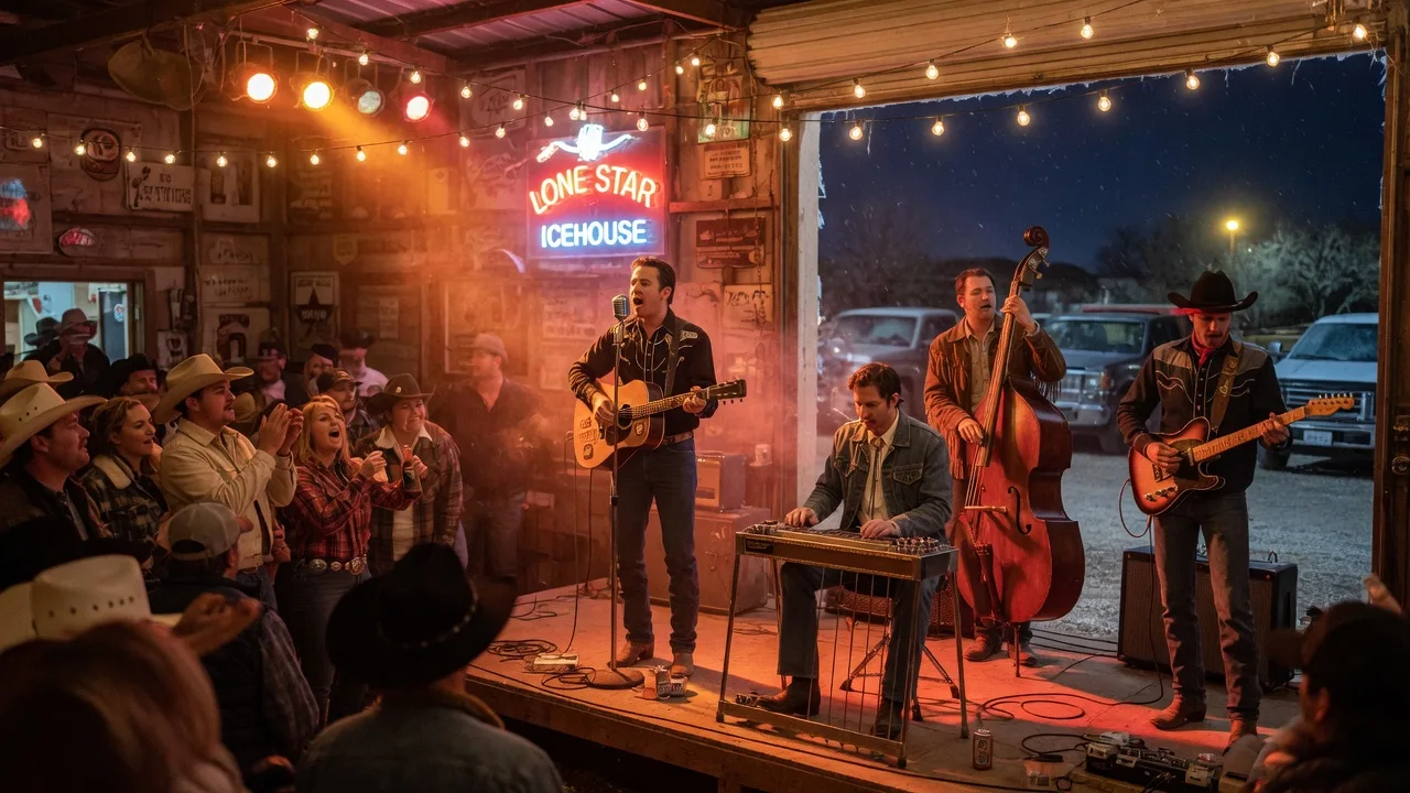 A country-Americana band performing live on a rustic Texas icehouse stage with acoustic and electric guitars, warm amber and red stage lighting, and an energetic evening crowd