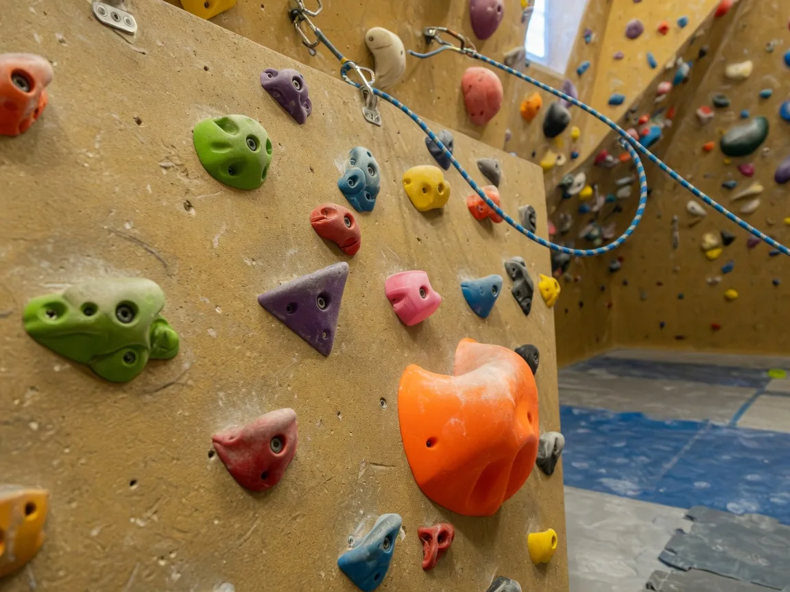 Close-up of a climbing wall at Stone Age Climbing Gym in Albuquerque with textured tan panels, vibrant colored holds, and a blue rope hanging from the anchor