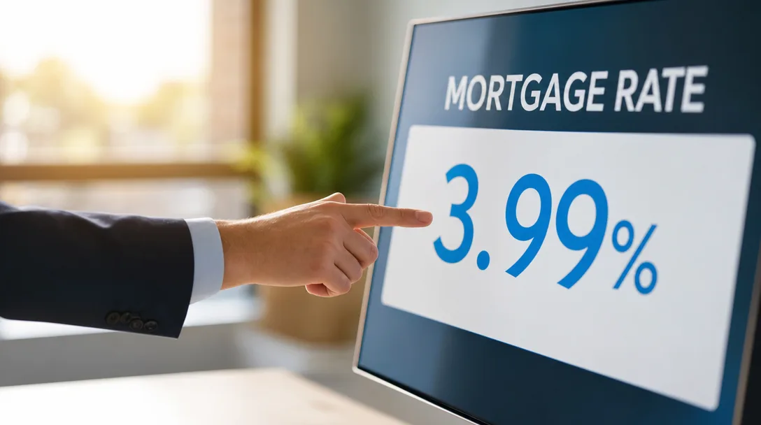 Hand pointing at a 3.99% mortgage rate on a digital rate board