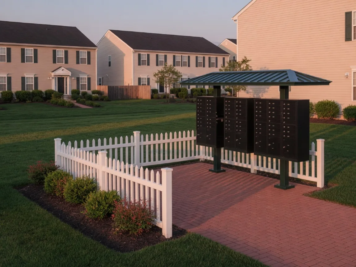 Community association mail kiosk on a landscaped common lawn in a South Jersey neighborhood at golden hour