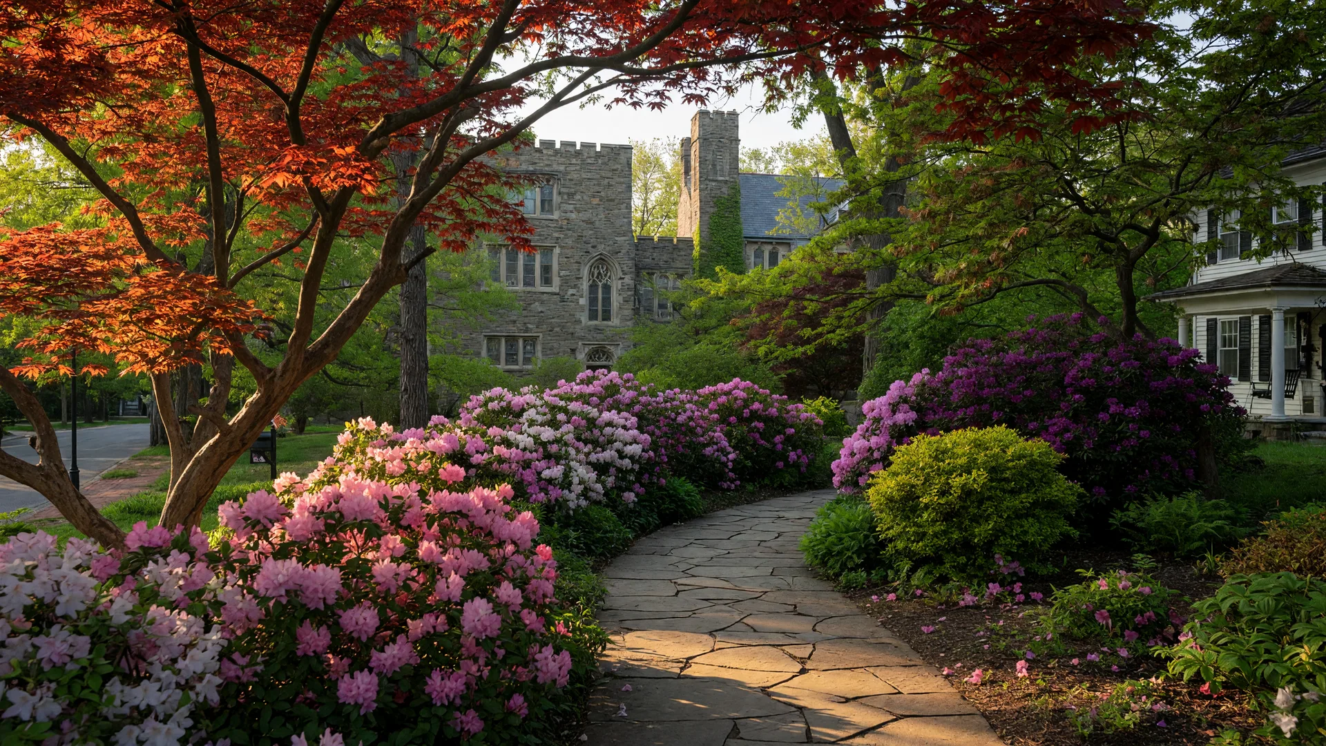 Scott Arboretum gardens at Swarthmore College with flowering shrubs and stone pathways