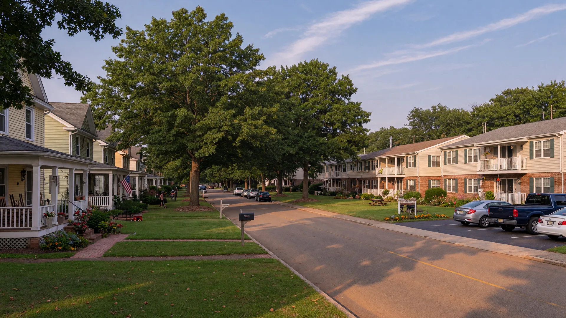 A tree-lined Burlington County street where single-family homes sit alongside a garden-style apartment community in late-afternoon light