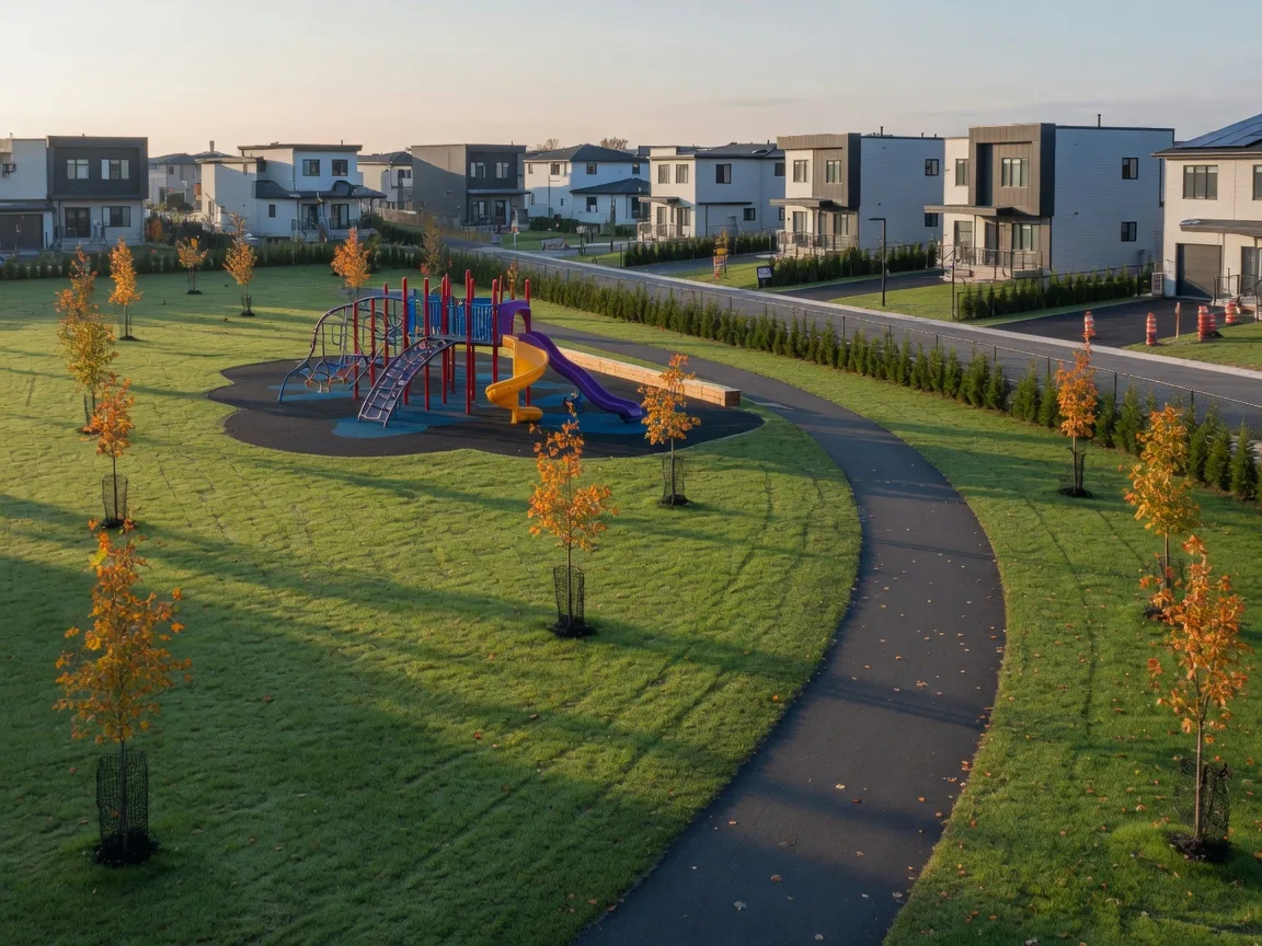 A paved trail through an autumn park in north Oshawa with a playground and new family homes along the edge