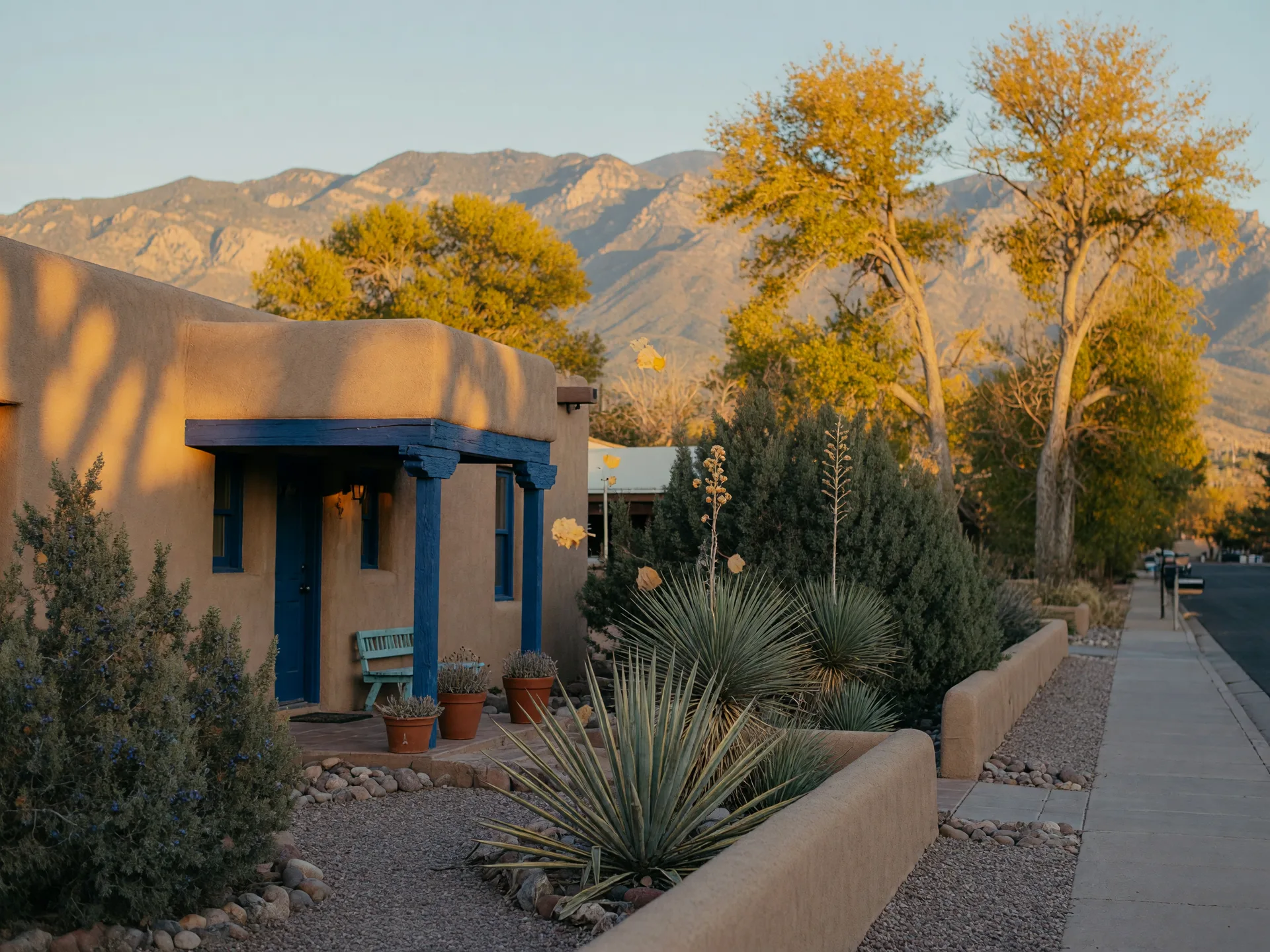 A quiet Albuquerque neighborhood street in fall with golden cottonwoods, an adobe home with desert landscaping, and the Sandia Mountains at golden hour