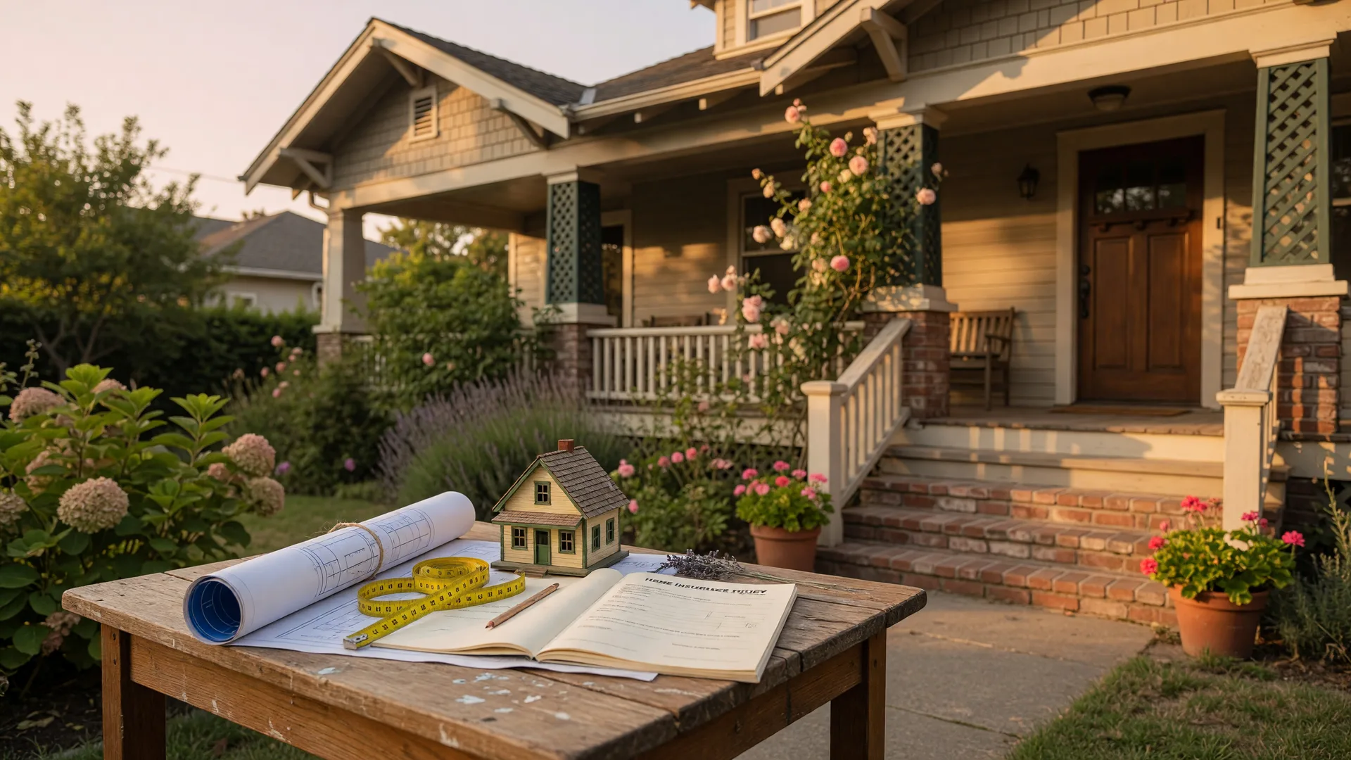 A California Craftsman home at golden hour with a blueprint, measuring tape, wooden model house, and home insurance documents on a porch table