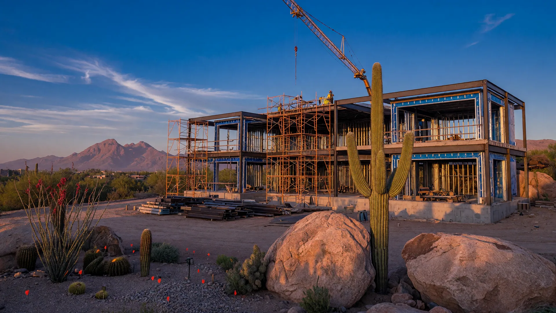 Modern luxury custom home under construction in the North Scottsdale desert foothills at golden hour, with saguaro cactus and mountain views