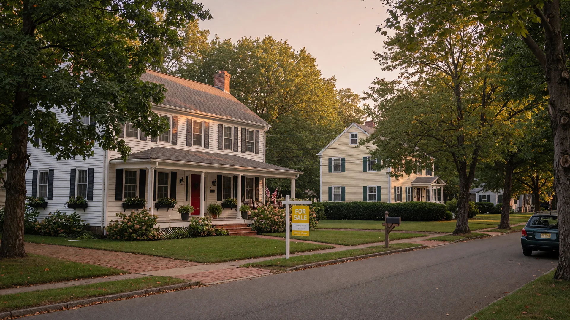 Colonial home in an Essex County neighborhood on a late summer afternoon with a real estate sign in the front yard