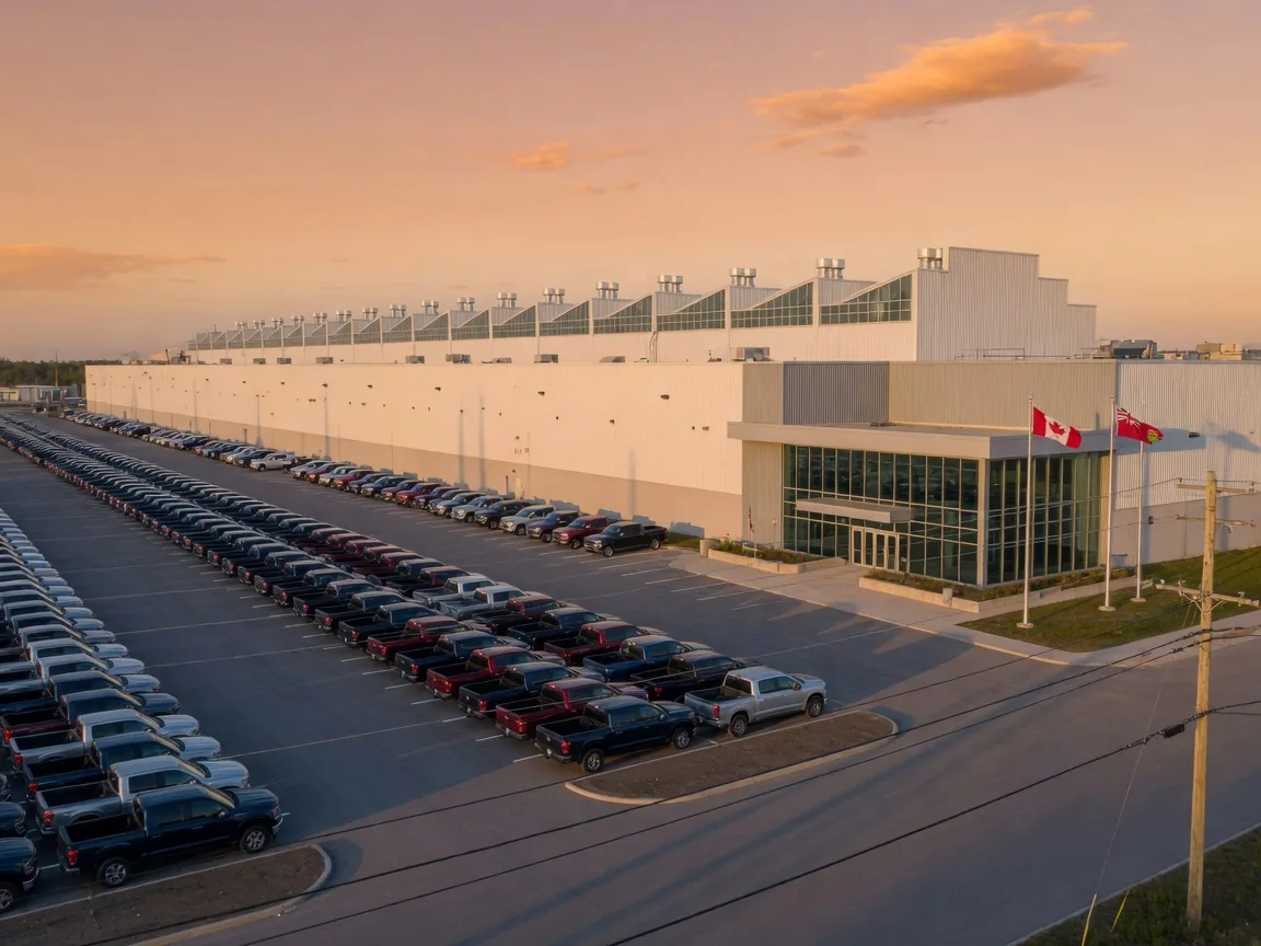 Modern automotive plant in Oshawa at golden hour