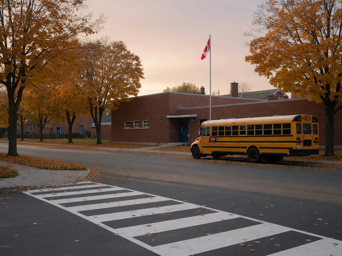 Yellow school bus parked outside a red-brick elementary school on a quiet autumn street