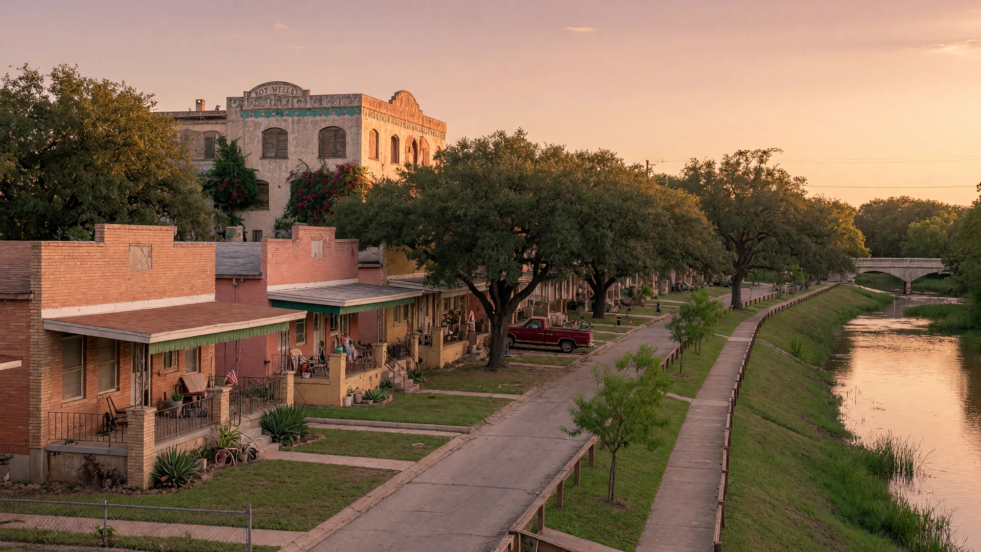 A Hot Wells south side street of modest one-story mid-century brick homes under mature oaks near the river greenway in golden light, in the San Antonio home inspection service area of Rodeo Home Inspections