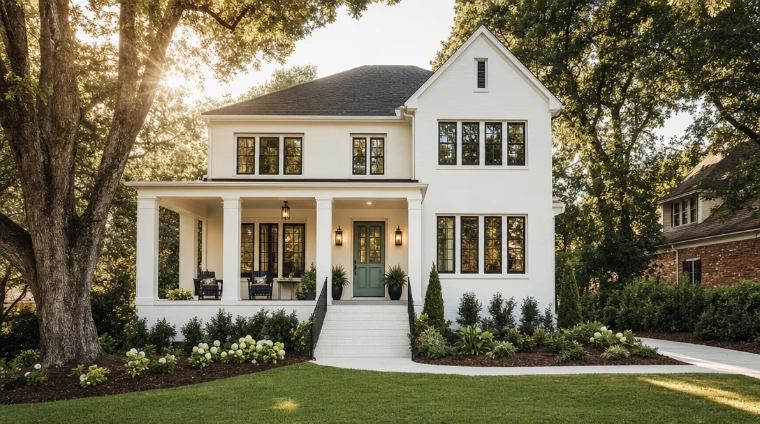 Beautifully renovated suburban home in NW Metro Atlanta with fresh landscaping, new mulch, and a welcoming front porch on a warm afternoon