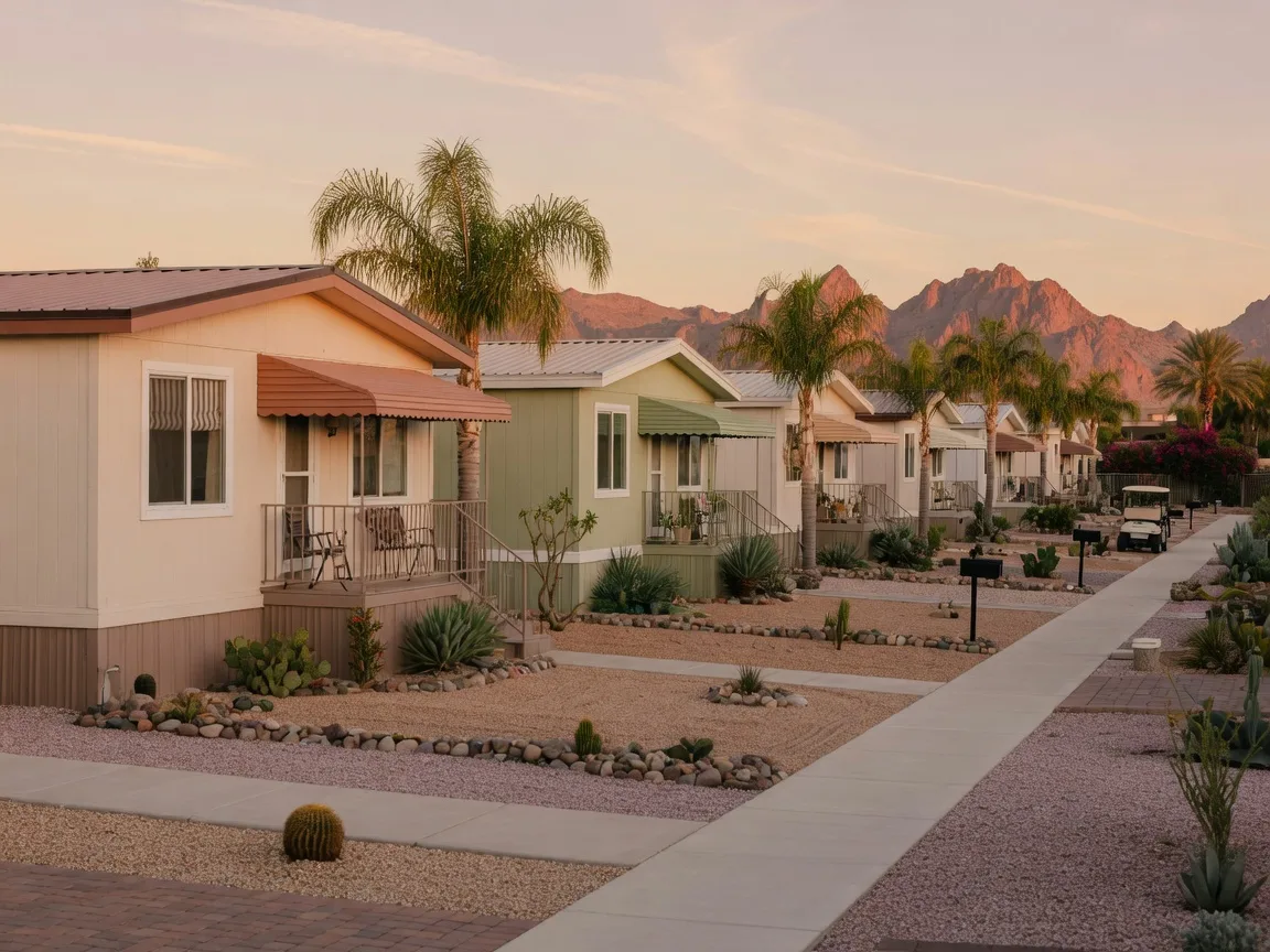 A tidy manufactured home community in Mesa, Arizona with well-kept homes, desert landscaping, and the Superstition Mountains in the distance