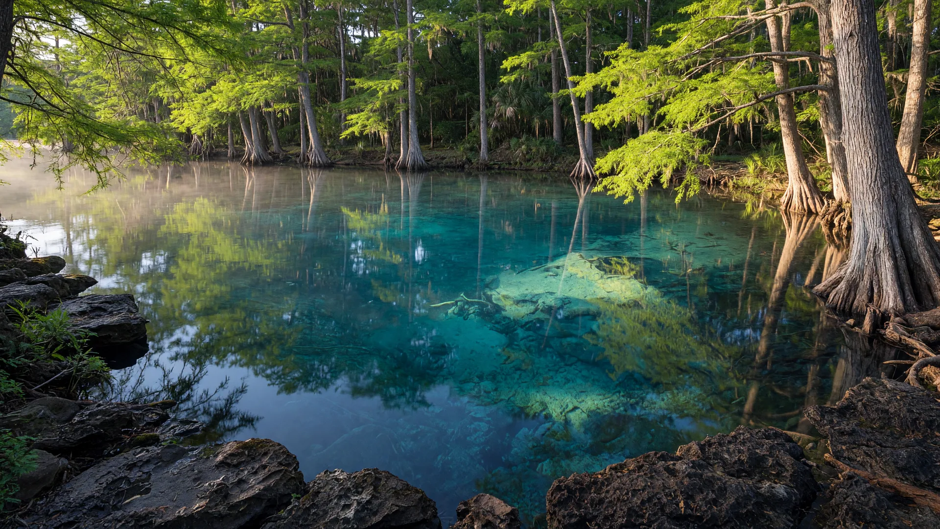 Swimming area at Cypress Creek (Seasonal) — clear water surrounded by Hill Country cypress trees and limestone