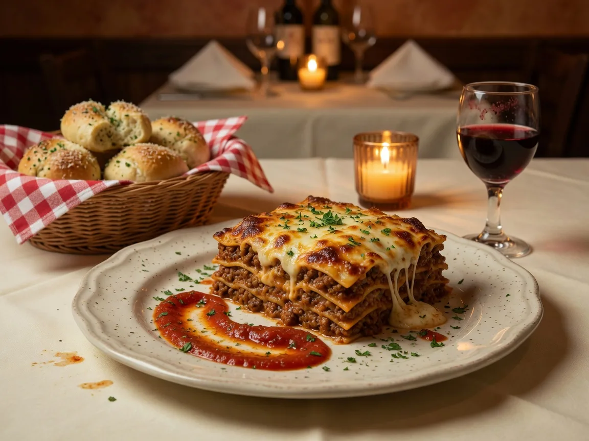 A bubbling golden lasagna square with garlic knots and a glass of red wine at The Roman Oven in Braselton Georgia