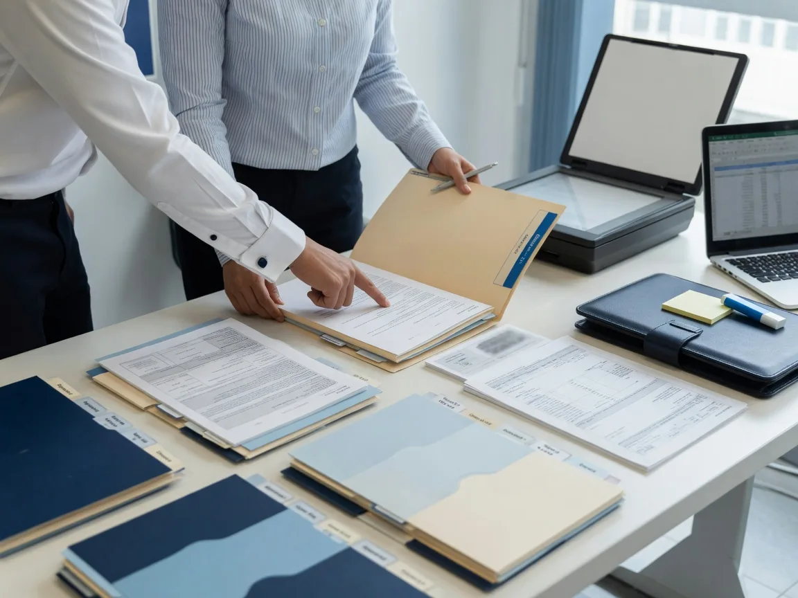 Two professionals reviewing an organized stack of tabbed short-sale folders together.
